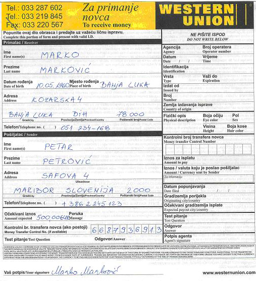 Western union formular Western Union